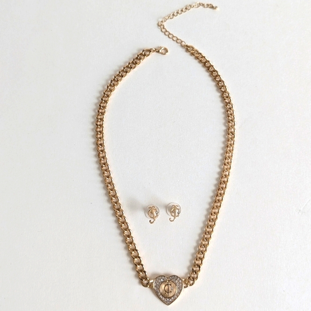 Juicy Couture Pave Crystal Open Heart Pendant Chain Necklace, Logo Stud Earrings